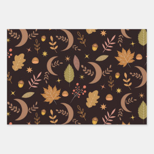 Boho Moon with autumn leaves pattern  Wrapping Paper Sheet