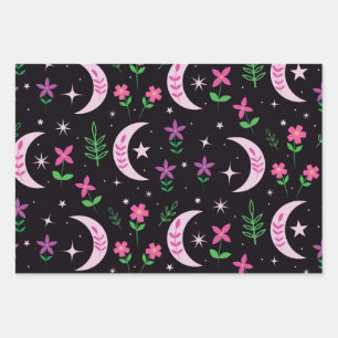 Boho moon  with pink flowers and leaves wrapping paper sheet