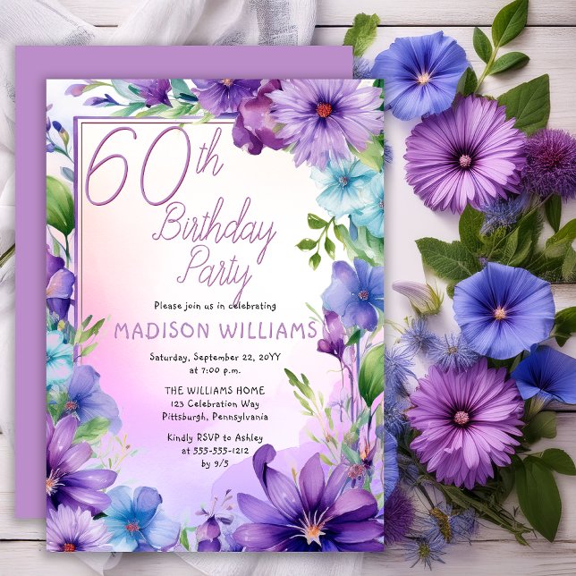 Boho Morning Glories Floral 60th Birthday Party Invitation (Elegant Boho Aster | Morning Glories Floral 60th Birthday Party Invitation Print | Digital Download)