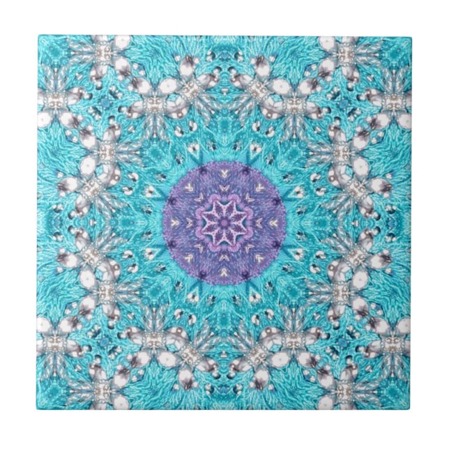 Boho Moroccan Embroidery turquoise blue bohemian Tile (Front)