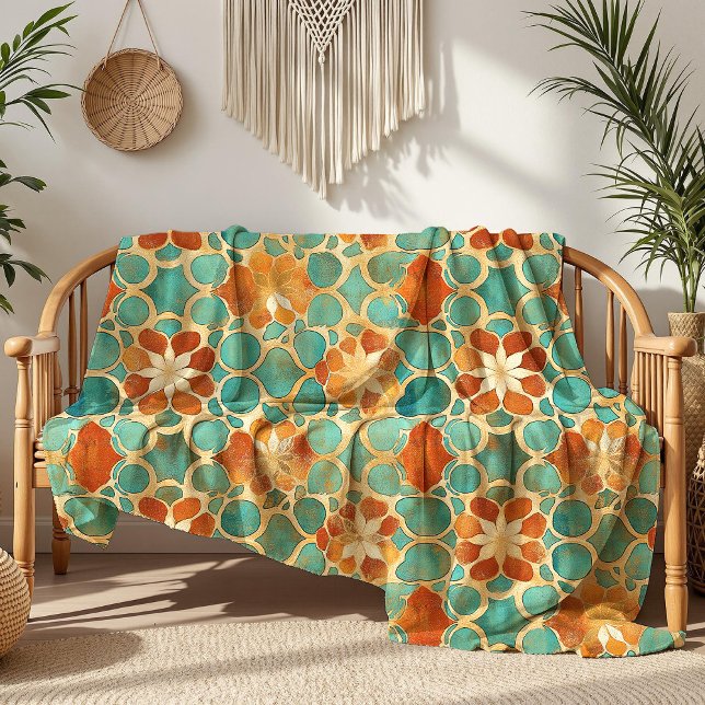 Boho Moroccan Turquoise and Terracotta Floral Fleece Blanket (Boho Moroccan Turquoise and Terracotta Floral Fleece Blanket on a wooden sofa in a boho living room.)