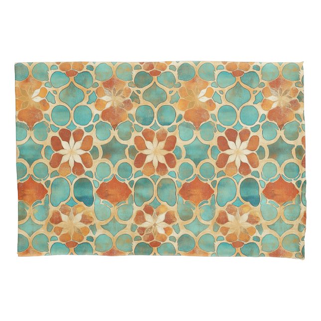 Boho Moroccan Turquoise and Terracotta Floral Pillowcase (Front)