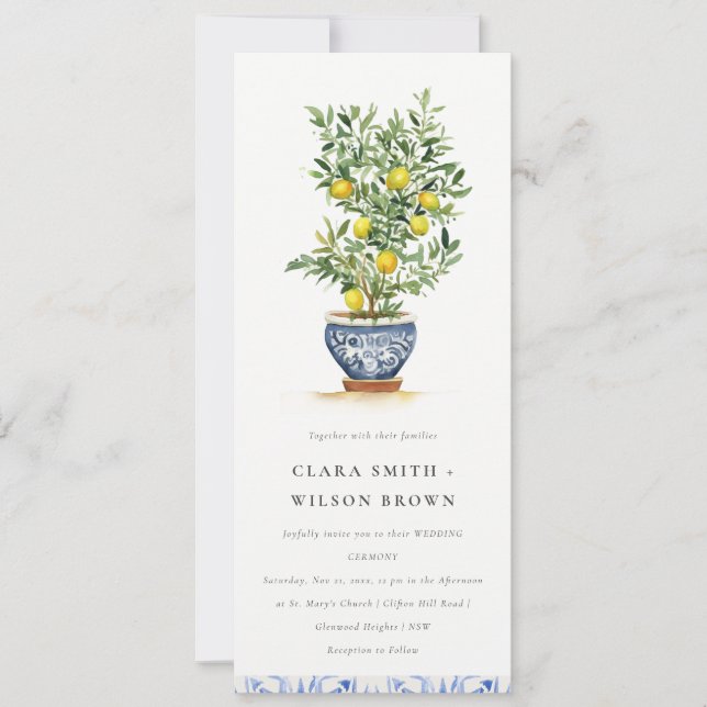 Boho Moroccan Watercolor Yellow Lemon Tree Wedding Invitation (Front)