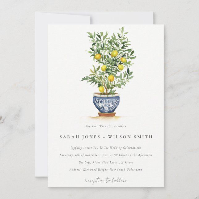 Boho Moroccan Watercolor Yellow Lemon Tree Wedding Invitation (Front)
