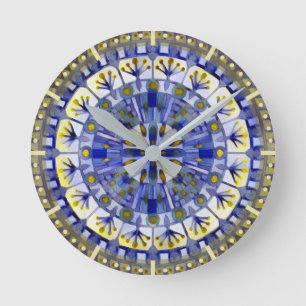 Boho Mosaic Tile Navy Blue Water - Round Clock