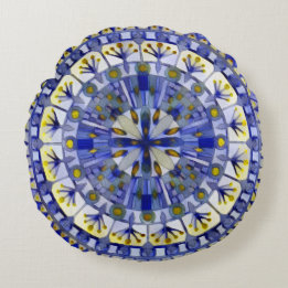 Boho Mosaic Tile Navy Blue Water - Round Cushion