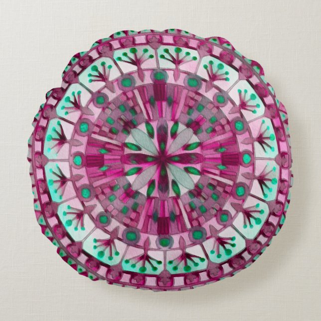 Boho Mosaic Tile Pink Berry -  Round Cushion (Front)