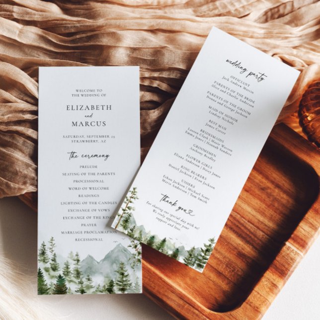Boho Mountain Forest Pine Tree Elegant Wedding Programme (Front/Back)