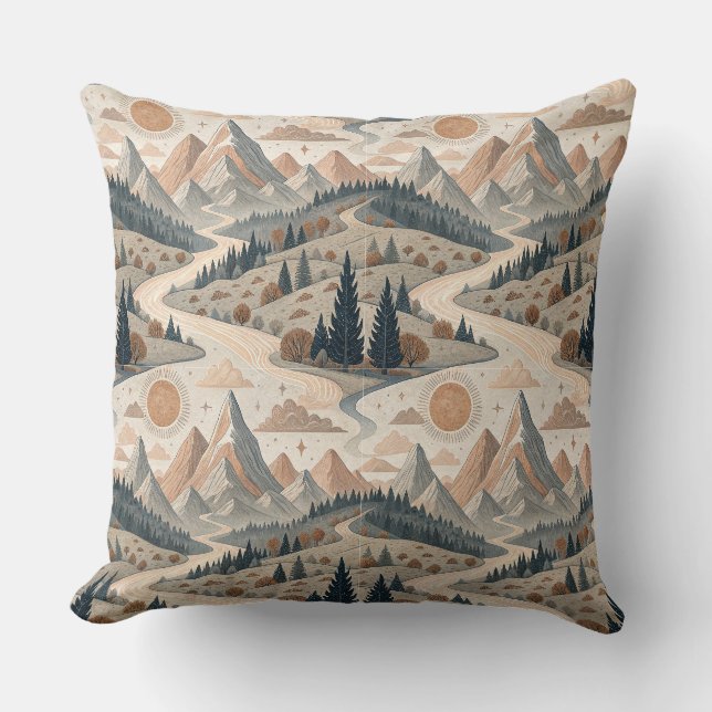 Boho Mountain River Abstract Landscape Pattern Art Cushion (Front)