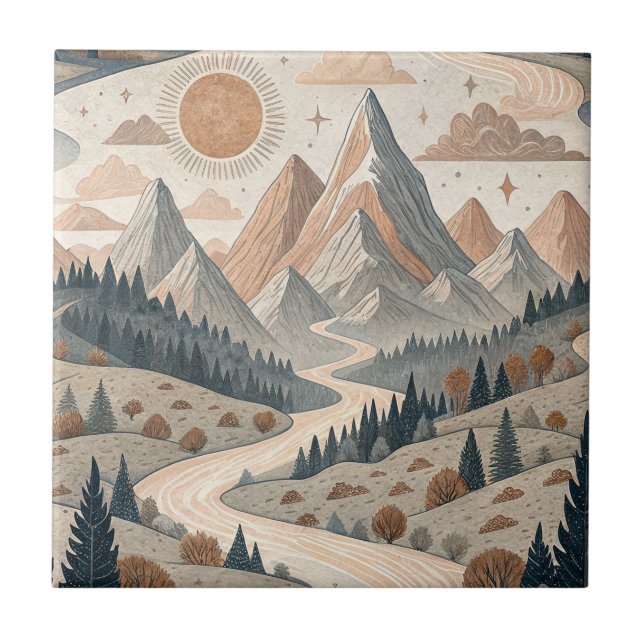 Boho Mountain River Abstract Landscape Pattern Art Tile (Front)