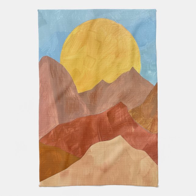 Boho Mountain Sunset – Warm Earth Tone Landscape Tea Towel (Vertical)