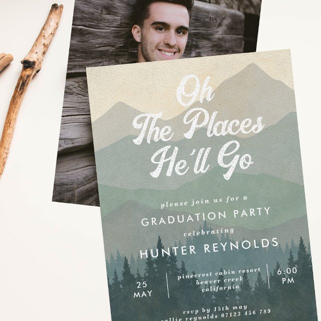 Boho Mountains Oh the Places He'll Go Graduation Invitation (Creator Uploaded)