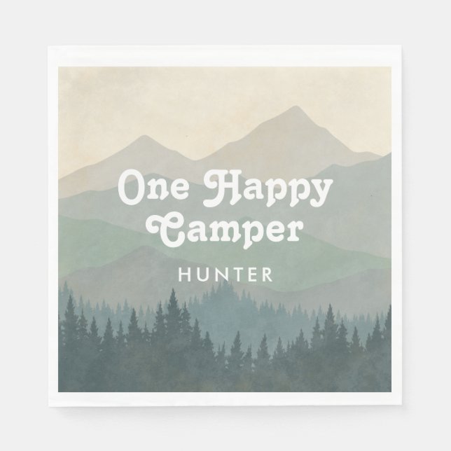 Boho Mountains One Happy Camper Boys 1st Birthday Napkin (Front)