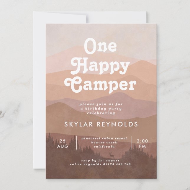 Boho Mountains One Happy Camper Girls 1st Birthday Invitation (Front)