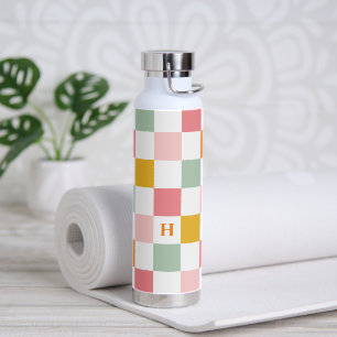 Boho Multicolor Chequerboard Monogram Water Bottle