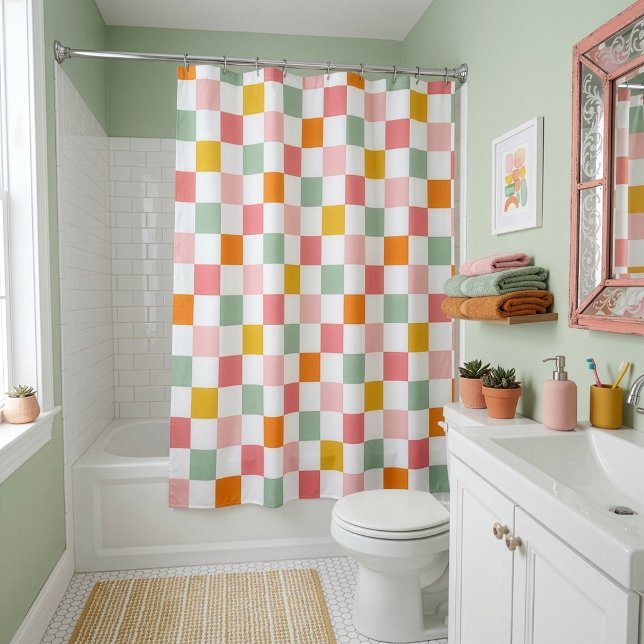 Boho Multicolor Chequerboard Shower Curtain (Creator Uploaded)