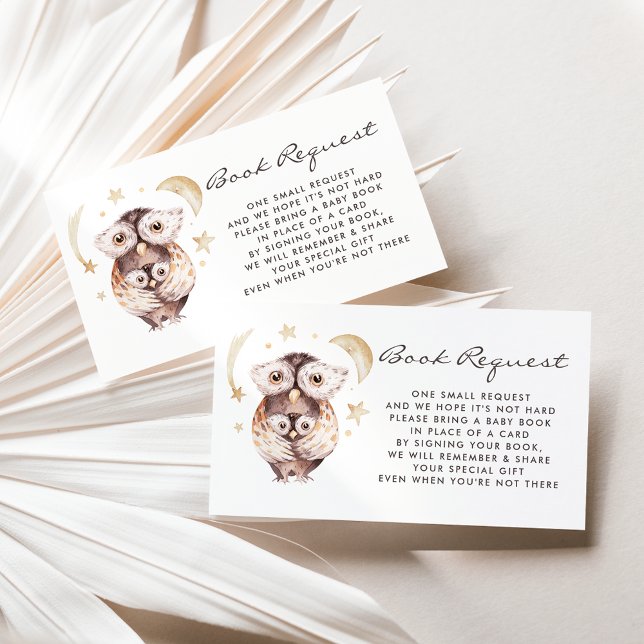 Boho Mummy and Baby Owl Book Request Card (Woodland theme baby shower book request card featuring watercolor mommy and baby owl.)