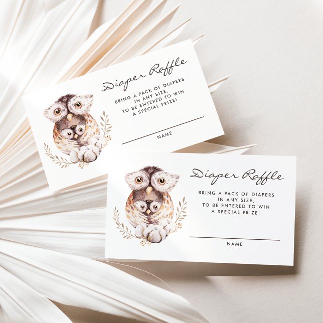 Boho Mummy and Baby Owl Diaper Raffle Card (Woodland theme baby shower diaper raffle card featuring watercolor mommy and baby owl.)