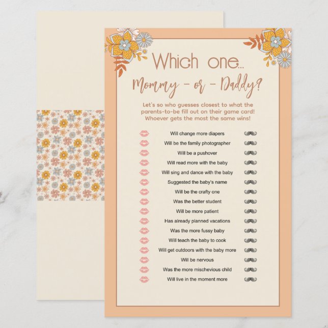 Boho Mummy or Daddy Baby Shower Guessing Game (Front/Back)