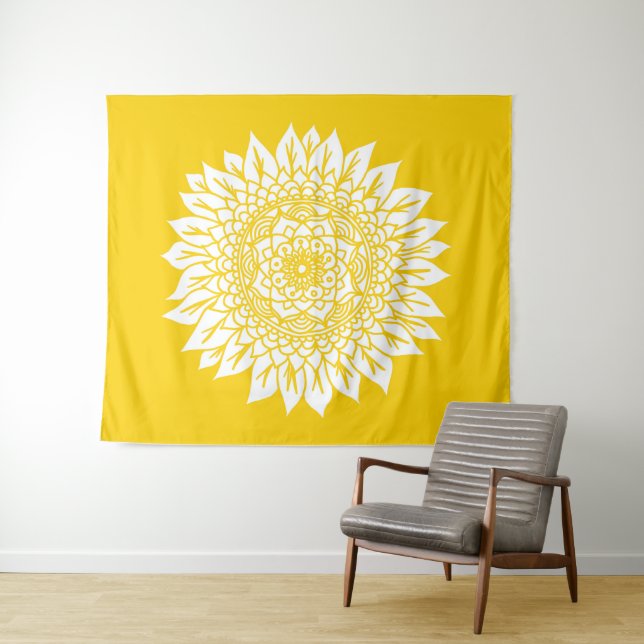 Boho Mustard Yellow Sunflower Mandala Tapestry (In Situ (Horizontal))