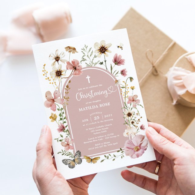 Boho Muted Blush Wildflower Meadow Christening Invitation (Creator Uploaded)