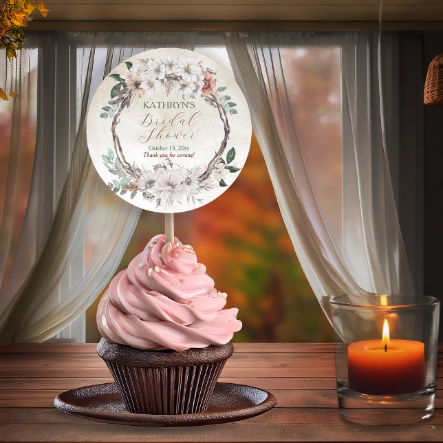 Boho Muted Fall Floral Bridal Shower Classic Round Sticker (Boho Muted Fall Floral and Grapevine Wreath "Fall in Love" Bridal Shower Collection Favor Stickers)