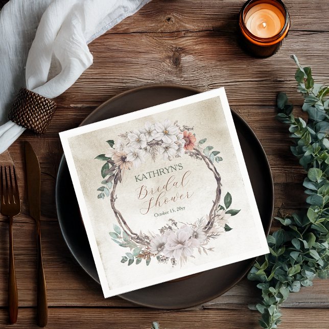 Boho Muted Fall Floral Bridal Shower Napkin (Boho Muted Fall Floral and Grapevine Wreath "Fall in Love" Collection Bridal Shower Paper Napkins)