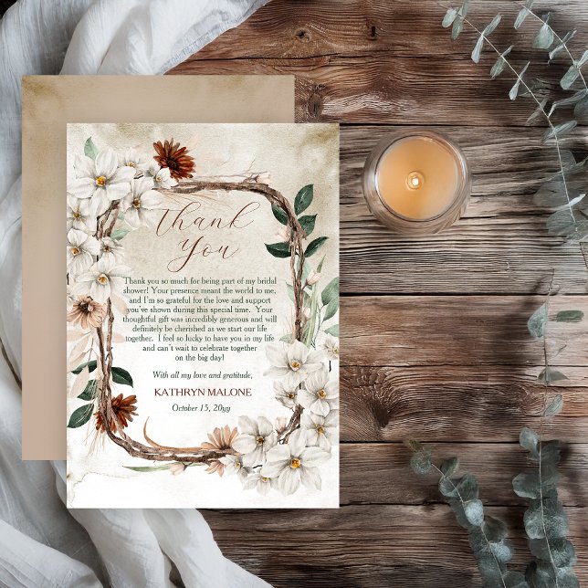 Boho Muted Fall Floral Fall in Love Bridal Shower Thank You Card (Boho Muted Fall Floral and Grapevine Wreath Fall in Love Bridal Shower Collection Thank You)