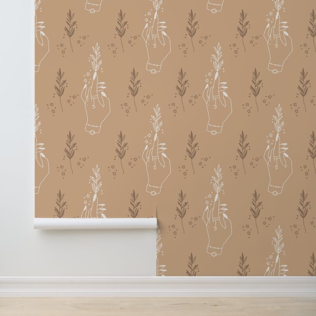 Boho Mystic Celestial Hand Leaves Seamless Pattern Wallpaper (Application)