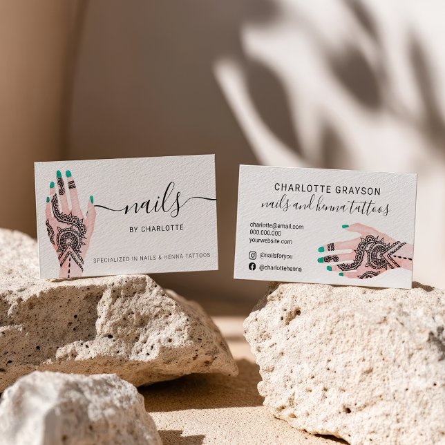 Boho nails green henna tattoos illustration business card (Boho nails green henna tattoos illustration business card)