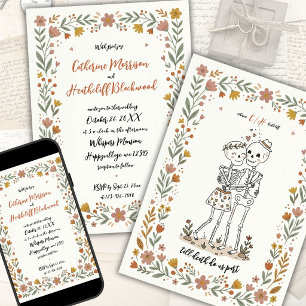Boho Naive Art Style Skeleton Wedding Invitation