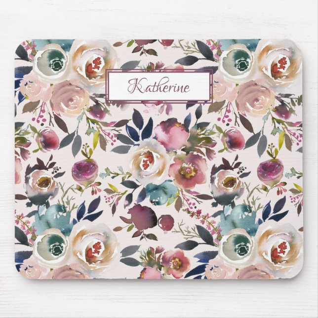 Boho Named Painted Roses Blush Pink Mouse Pad (Front)
