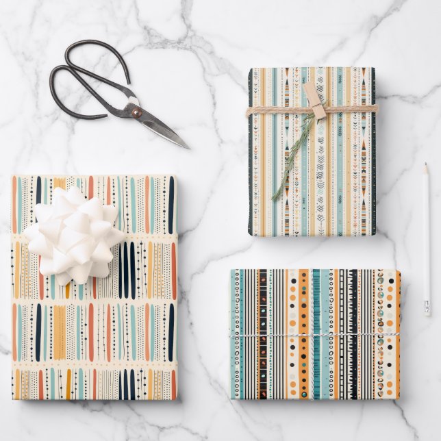 Boho native ethnic navy rusty terracotta stripes wrapping paper sheet (Front)