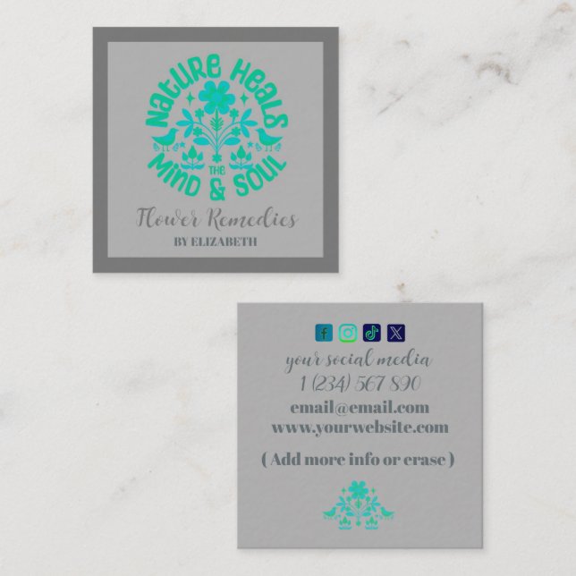 Boho Nature Flowers Birds Energy Healer Square Business Card (Front/Back)
