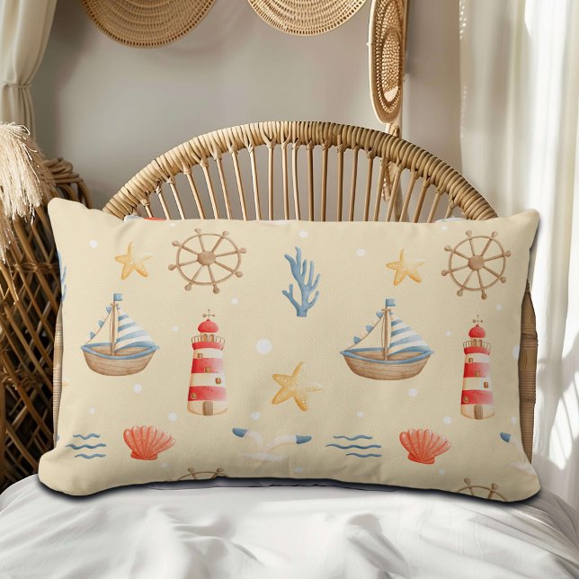 Boho Nautical Boat Lighthouse Pattern Lumbar Cushion (Creator Uploaded)