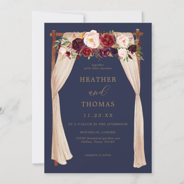 Boho Navy and Burgundy Floral Wedding Invitation (Front)