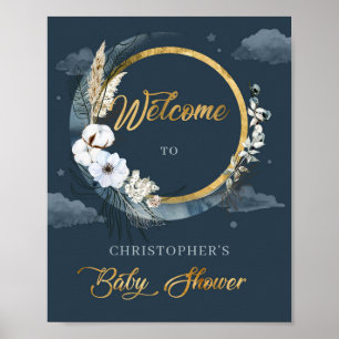 Boho navy and gold foil pampas cotton Welcome Poster