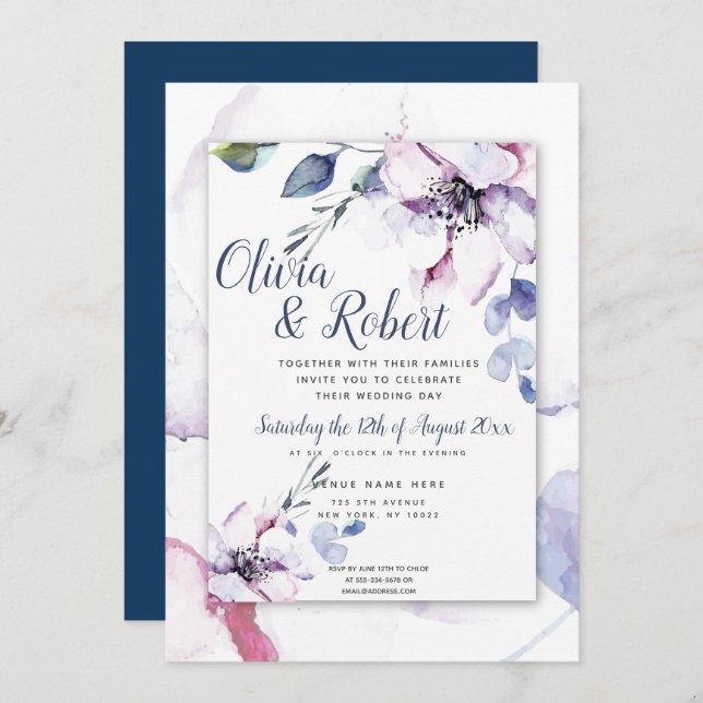 Boho Navy Blue and Watercolor Apple Blossoms Invitation (Front/Back)