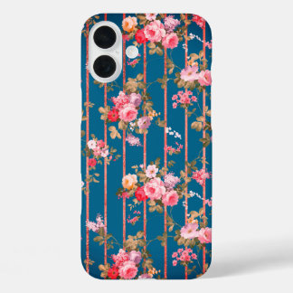 Boho navy blue blush pink floral rose gold stripes iPhone 16 plus case
