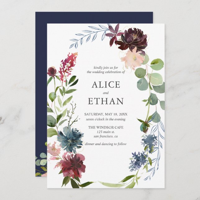 Boho Navy Blue Burgundy Flowers Wedding Invitation (Front/Back)