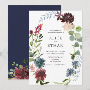 Boho Navy Blue Burgundy Flowers Wedding Invitation