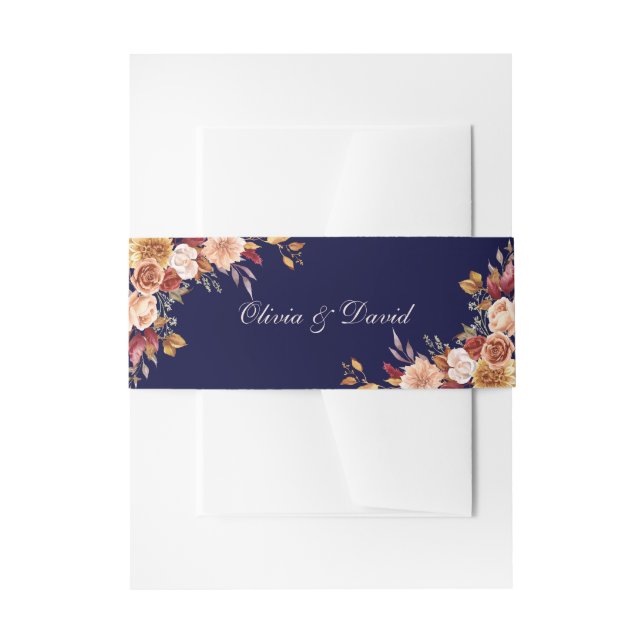 Boho Navy Blue Modern Burnt Orange Floral Wedding Invitation Belly Band (Front Example)