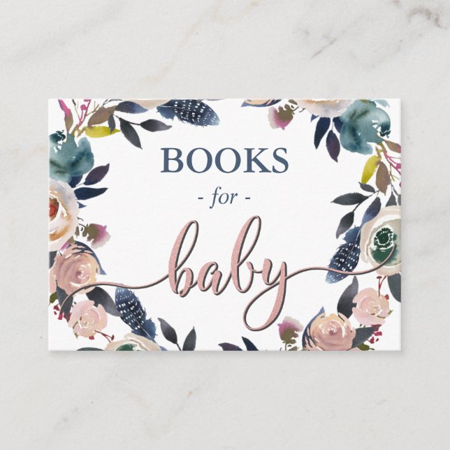 Boho Navy Blue Pink Shower Sprinkle Books for Baby Enclosure Card (Front)