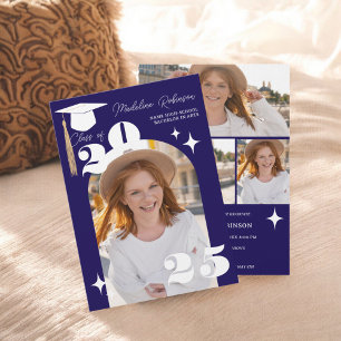 Boho Navy blue Stars Modern 4-Photo Graduation  Invitation
