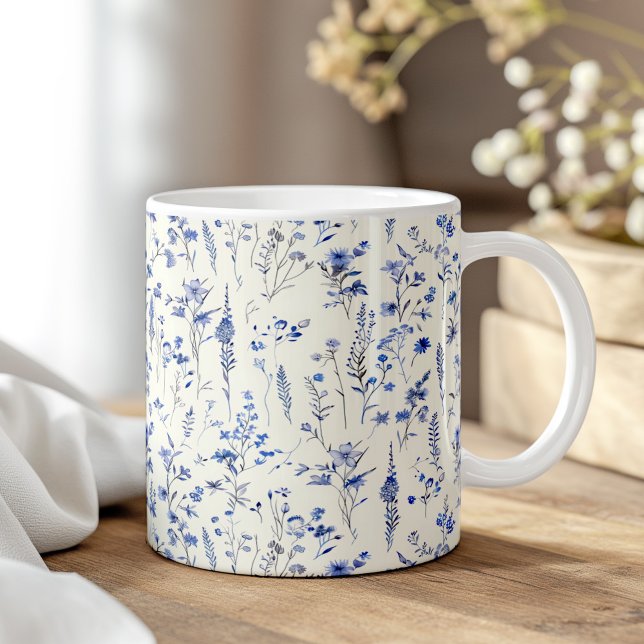 Boho Navy Blue Watercolor Wildflowers  Coffee Mug (Boho Navy Blue Watercolor Wildflowers Coffee Mug on a boho wooden table.)