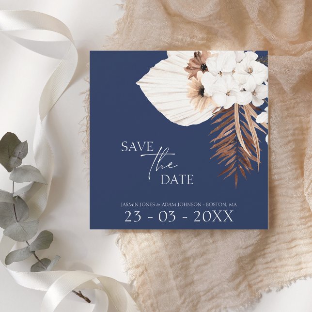 Boho Navy Blue White Pampas Grass Wedding Save The Date (Creator Uploaded)