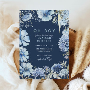 Boho Navy Blue Wildflower Floral Boy Baby Shower Invitation