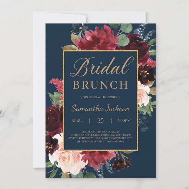 Boho navy blush burgundy floral bridal brunch invitation (Front)