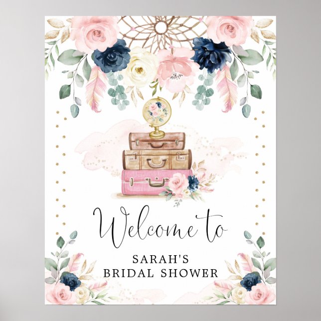 Boho Navy Blush Travel Bridal Shower Welcome Poster (Front)