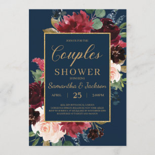 Boho navy burgundy blush floral couples shower invitation